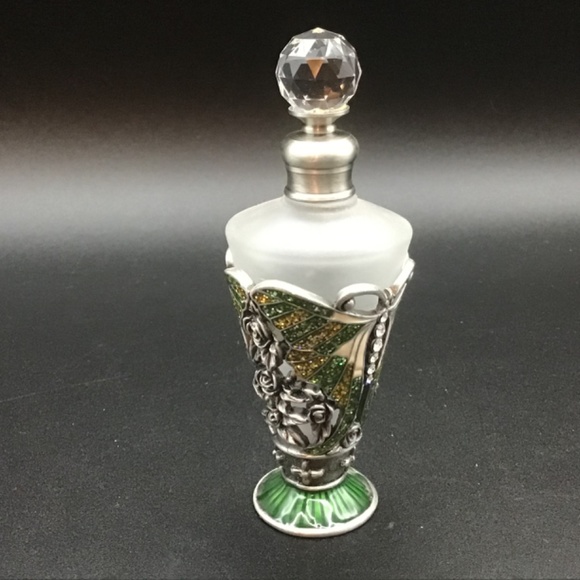 Perfume Bottle Retro Frosted Butterflies enamelled Lid jewelled Perfume Bottle - Picture 2 of 6